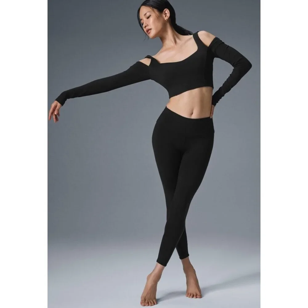 Alo Ribbed Cropped Butterfly Long Sleeve Black Open Cold Shoulder Cut-Out Cutout